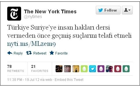 New York Times'dan Türkçe makale, Türkçe tweet